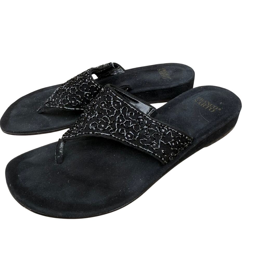 Franco Sarto Vintage Black Beaded Suede Thong Sandals Size 7